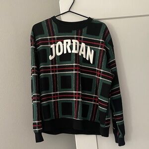 Jordan Brooklyn Fleece Green Plaid Crewneck Sweatshirt with White Logo